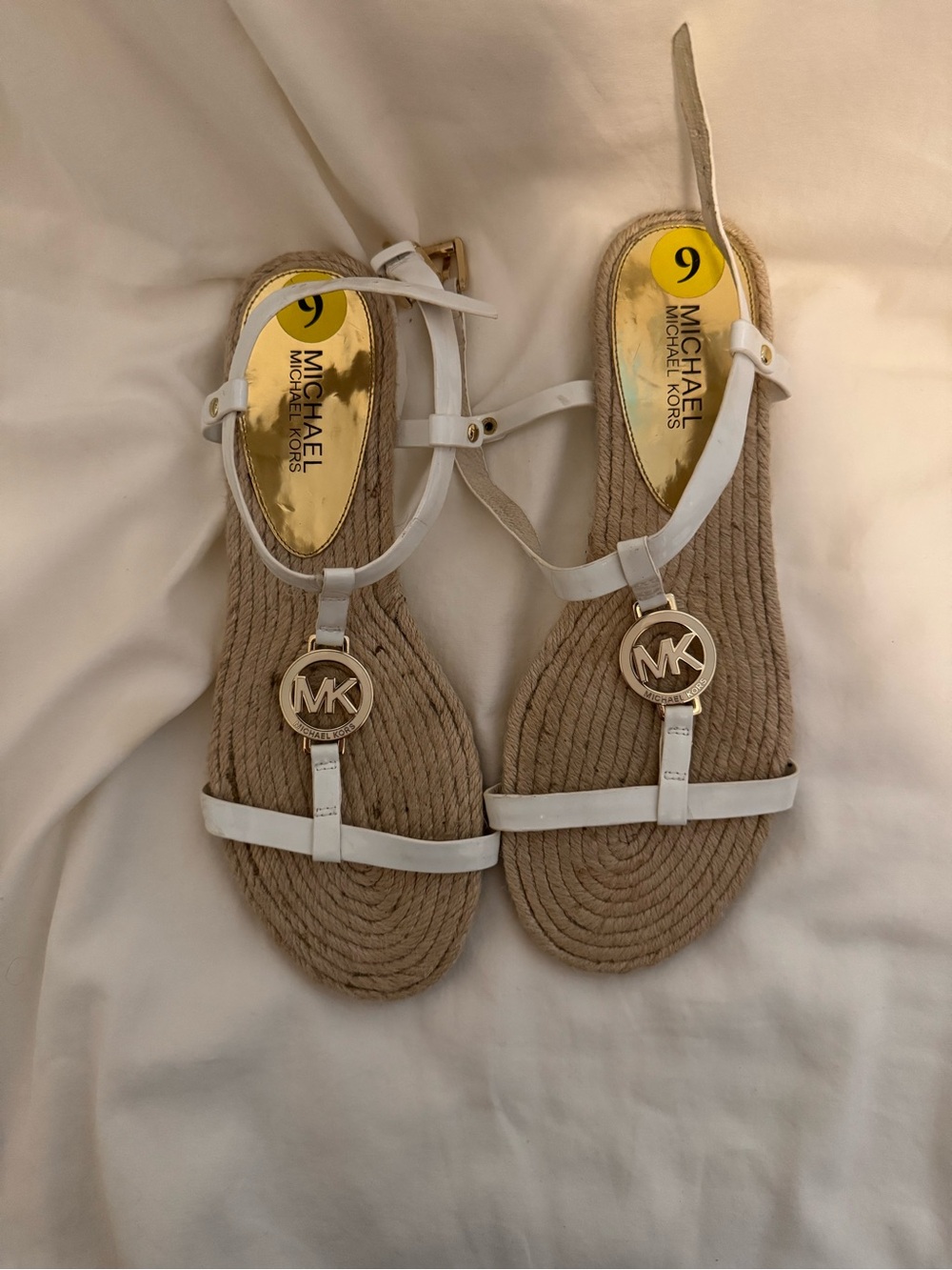 Michael Kors White Leather T-Strap Sandals with Gold MK Logo